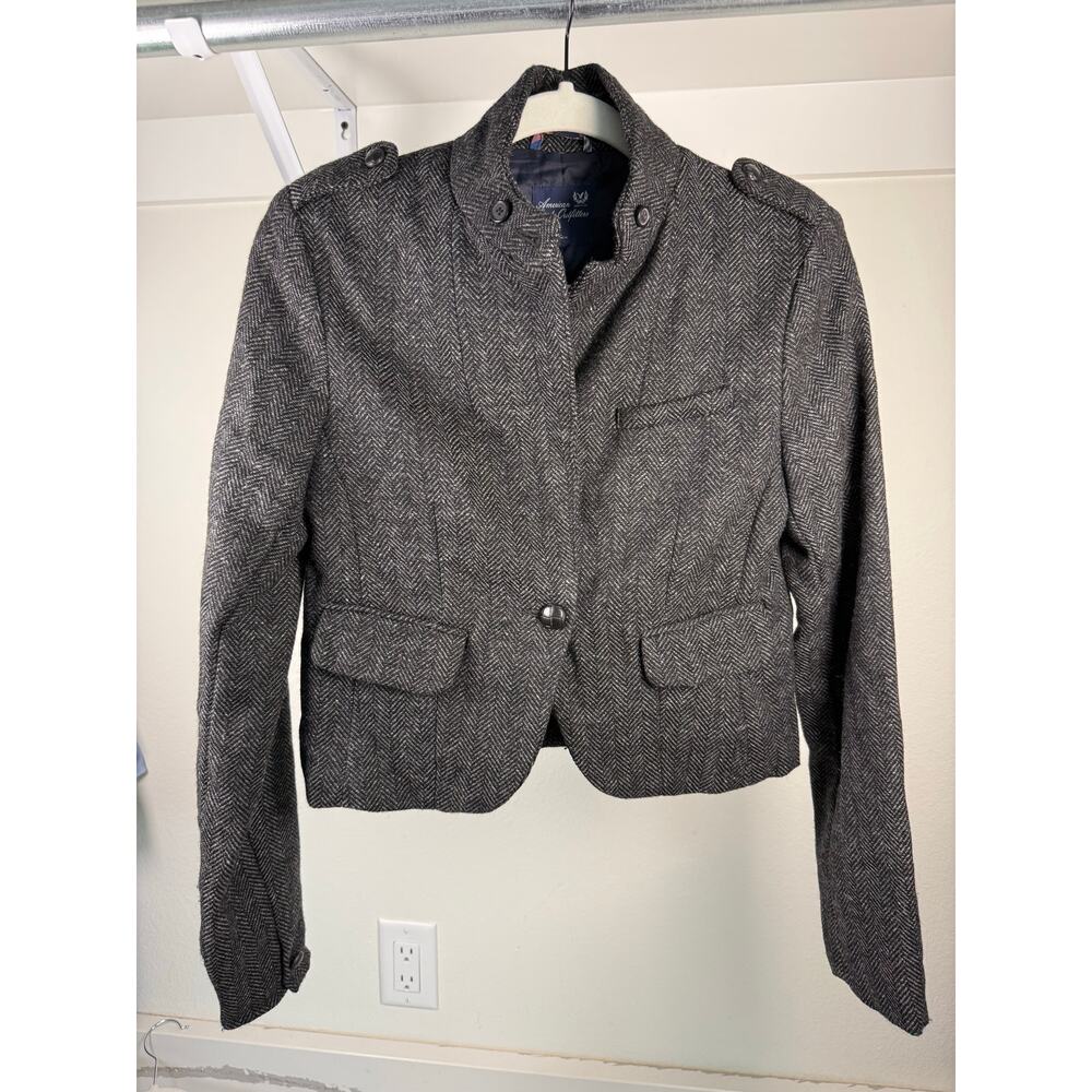 American Eagle Cropped Wool Blazer Long Sleeve Tweed Charcoal Size XS